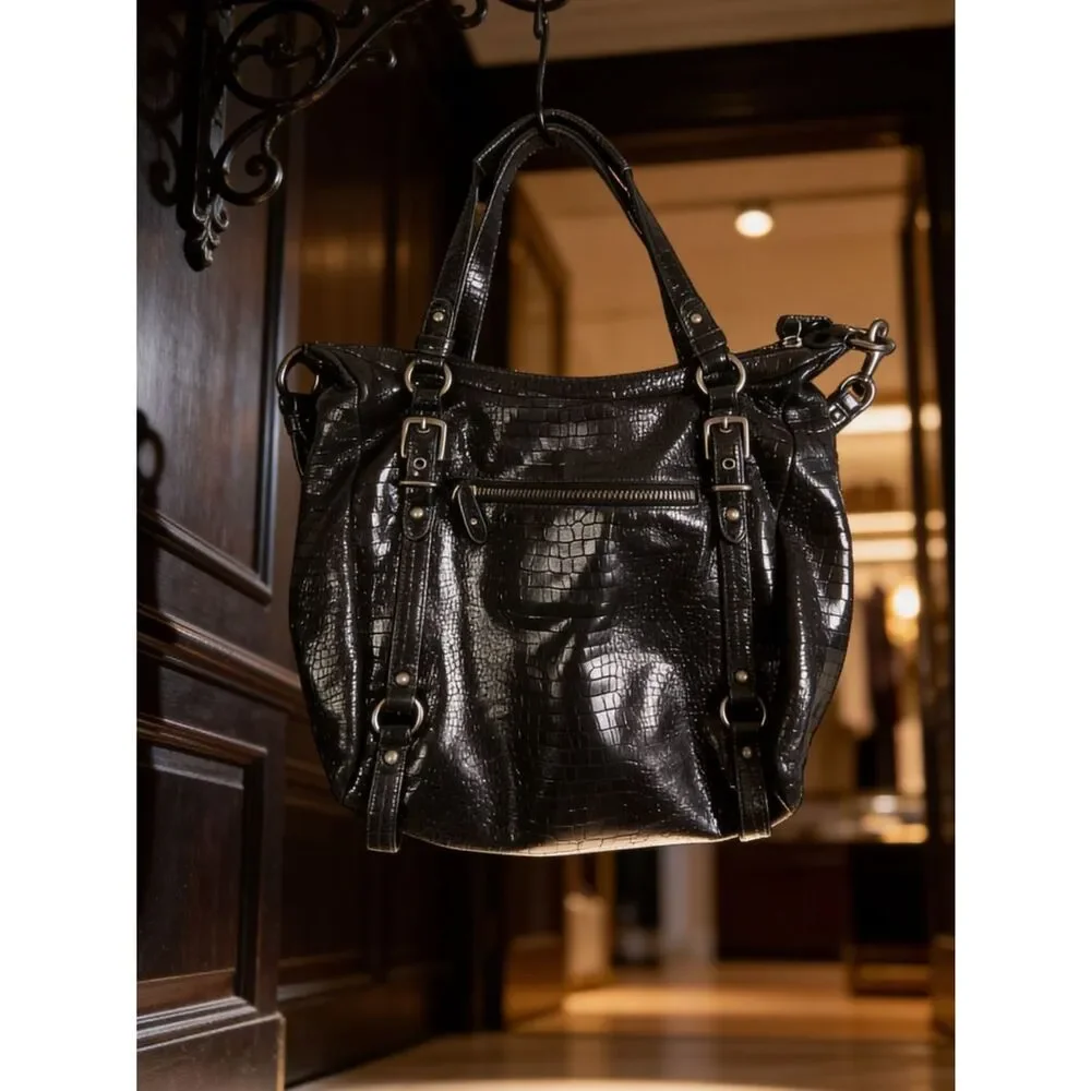 COACH 15384 CROCODILE EMBOSSED MADISON STYLE BLACK LEATHER TOTE BAG CARRYALL